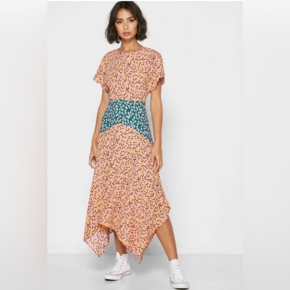 Topshop PETITE mixed floral hanky hem midi dress size 12